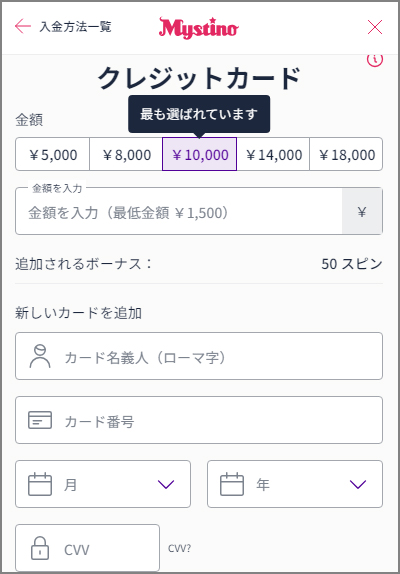 ミスティーノにクレジットカードで入金する際のフォーム