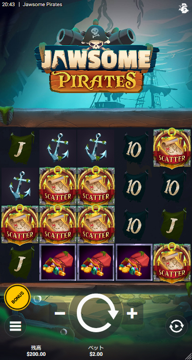 カジノシークレットのJAWSOME PIRATESプレイ画面（スマホ版）