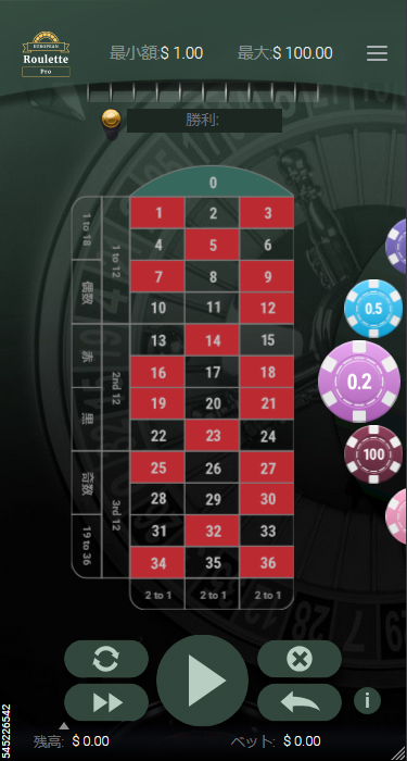 ラッキーニッキーのEuropean Roulette Proプレイ画面（スマホ版）